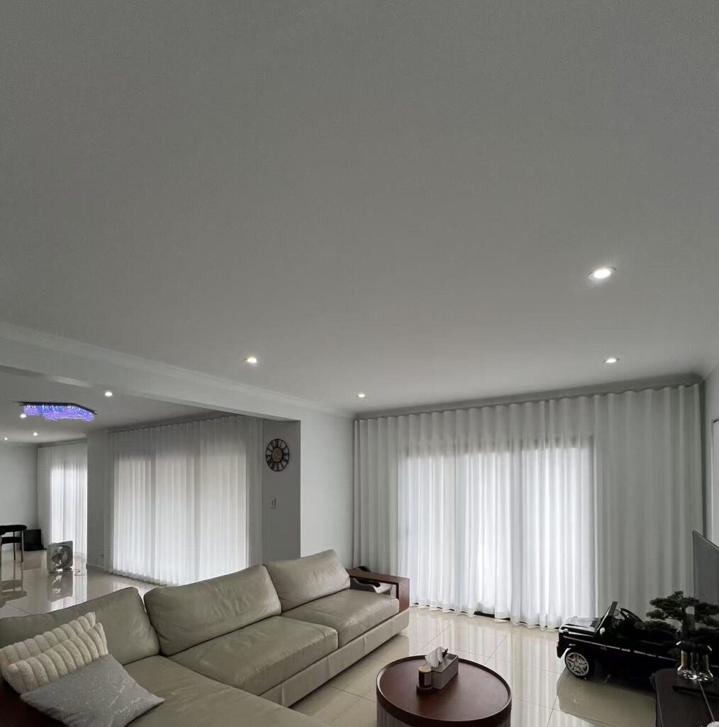 s fold privacy sheers installed full wall size for living area's sliding doors and windows