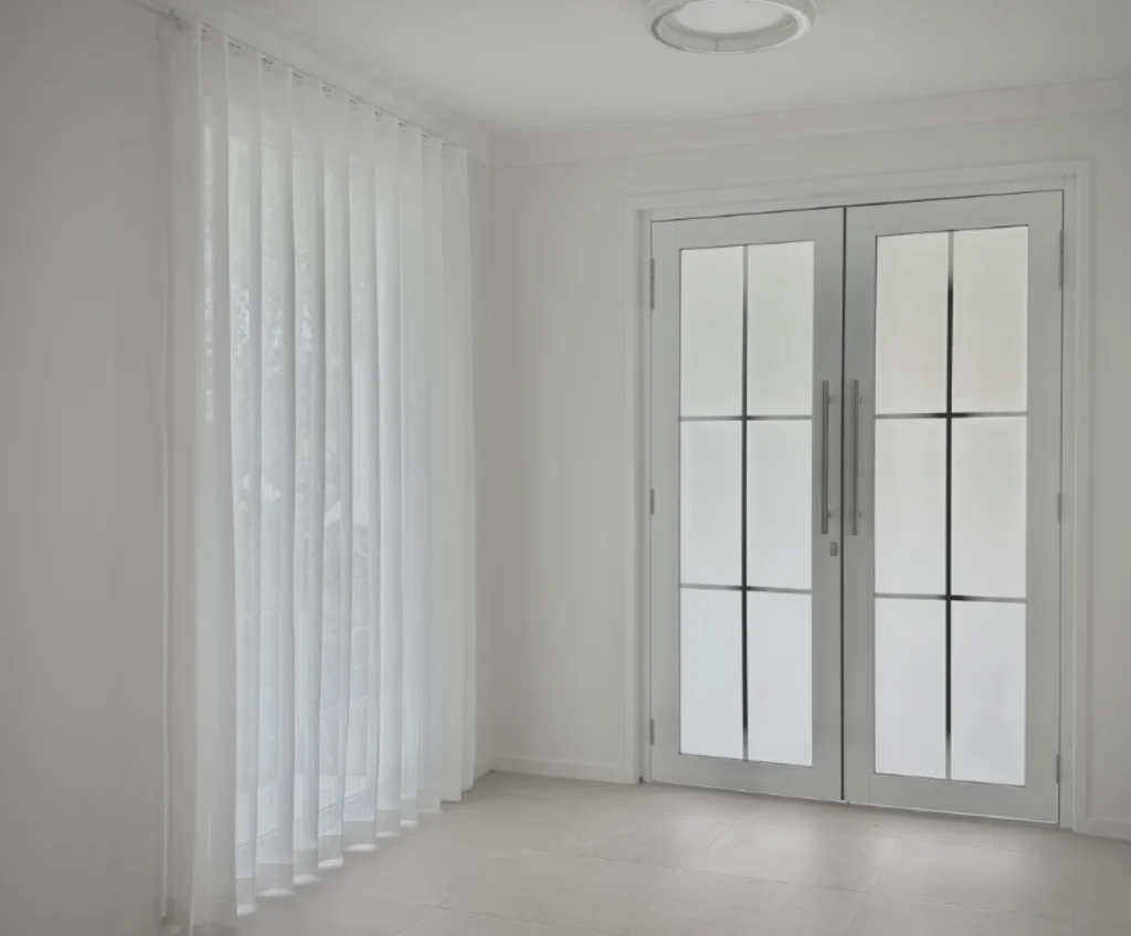 s fold transparent sheer installed for one window in entry area