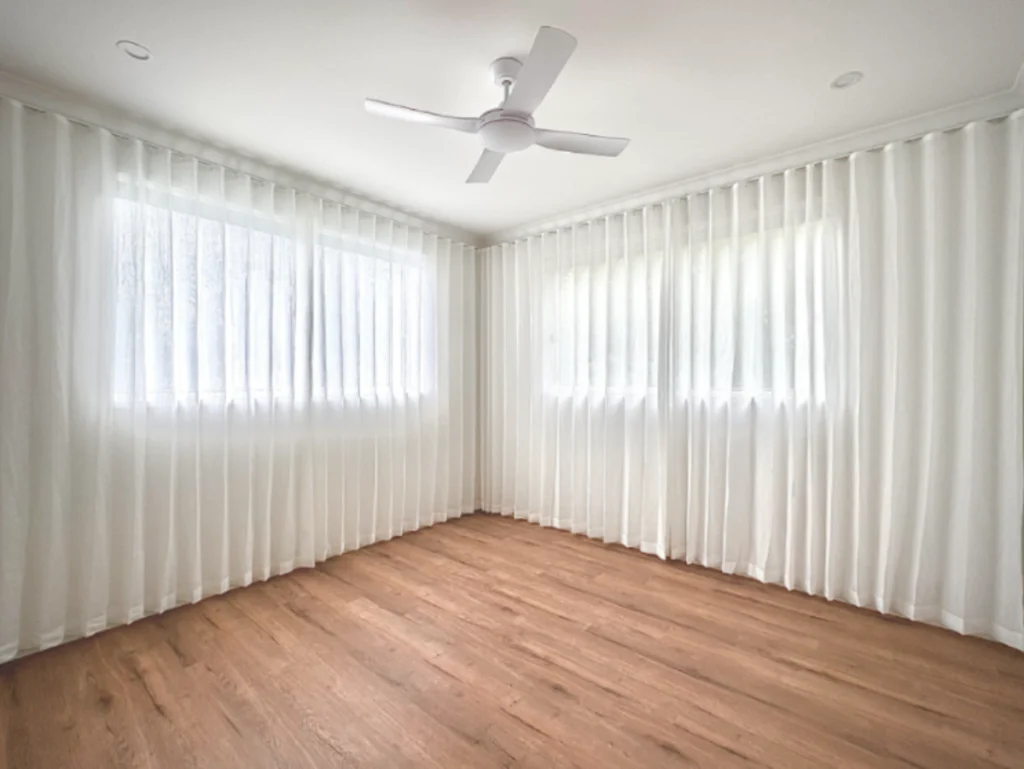 s fold transparent sheer installed full wall size for two windows in bedroom