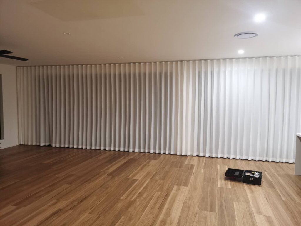 s fold privacy sheer installed for living area large window and sliding door