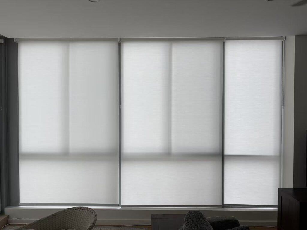 three white light filtering privacy roller blinds installed for one window