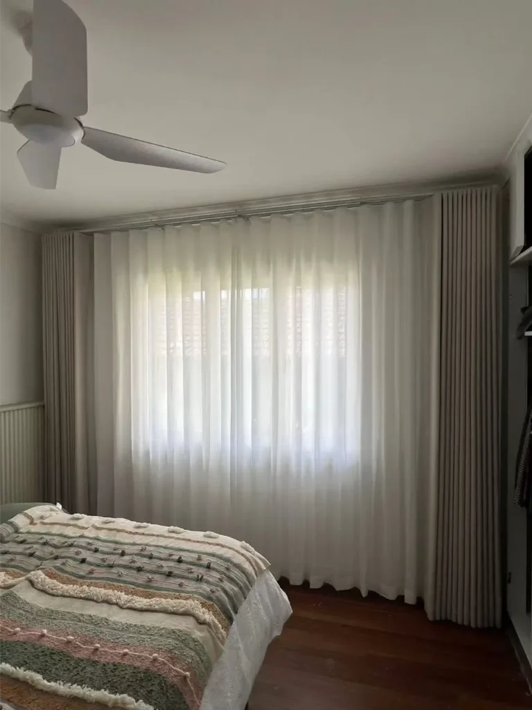 S-fold curtain with pinch sheer in bedroom in bedroom